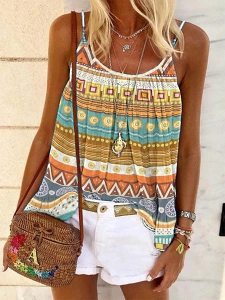 

Geometric Printed Spaghetti Casual Sleeveless Loose Fitting Ribbed Tank Tops, Multicolor, Tank Top
