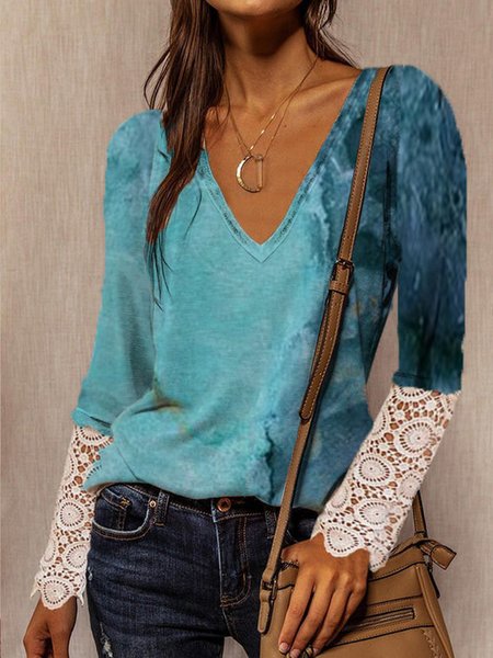 

Abstract Ombre Printed Loosen Casual Cotton Blends V Neck Shirts & Tops, Flower, T-Shirts