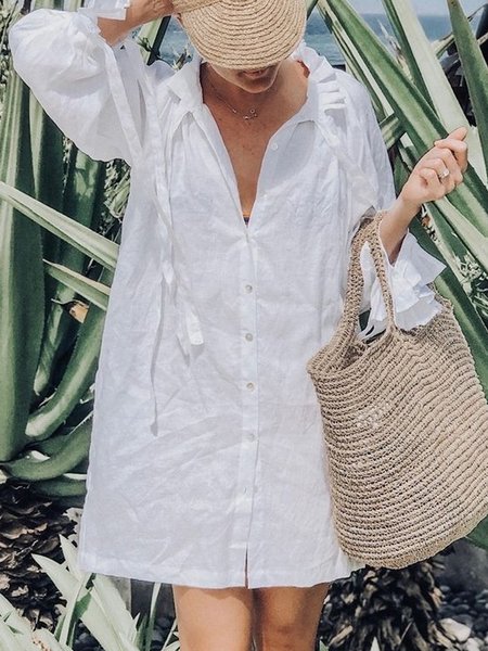 

Loosen Casual V Neck Dresses, White, Mini Dresses