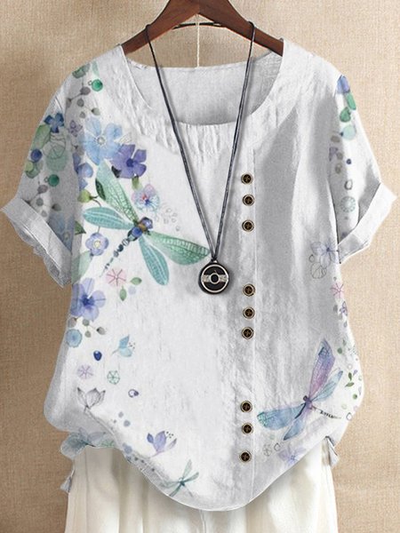 

Dragonfly Floral Short Sleeves Buttoned Crew Neck Plus Size Casual Tops, White, Tops