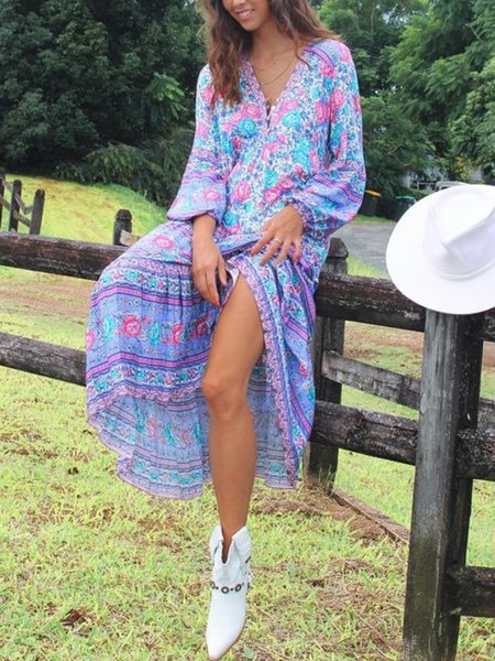 

Boho V neck Floral Long Sleeve Loosen Long sleeve Woven Dress, Blue, Midi Dresses