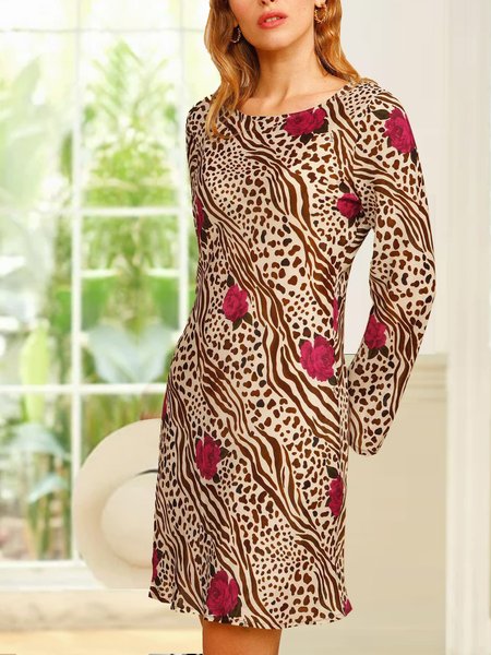 

Party Crew Neck Long Sleeve Straight Red Floral Dress, Multicolor, Dresses