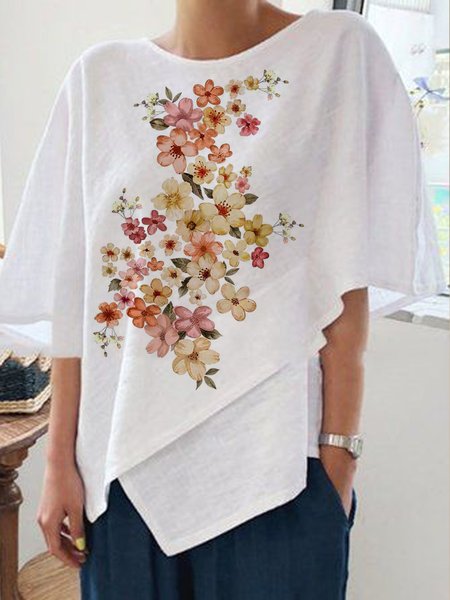 

Floral Casual Loosen Cotton Blends Short sleeve tops, White, T-Shirts