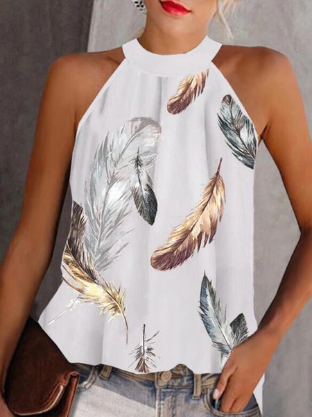 

Feather Printed Casual Halter Loosen Tank, White, Tank Top
