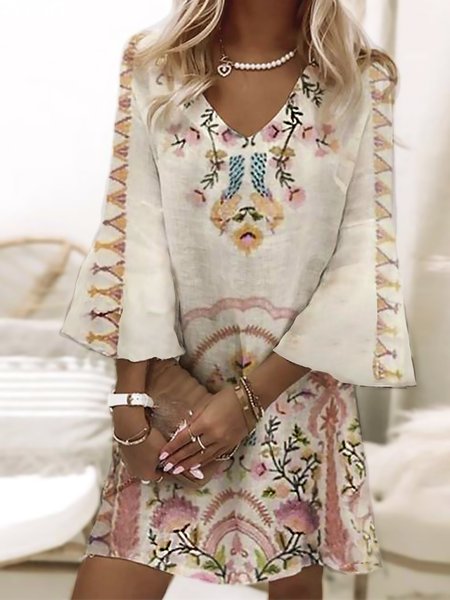 

Romantic Floral Tribal Geometric Printed Flare Sleeve V Neck Loosen Midi Dresses, As picture, Mini Dresses