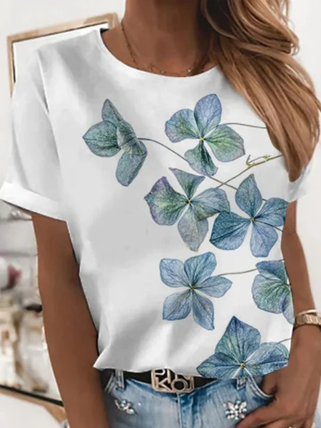 

Crew Neck Floral Loosen Romantic Short Sleeve T-shirt, White, T-Shirts