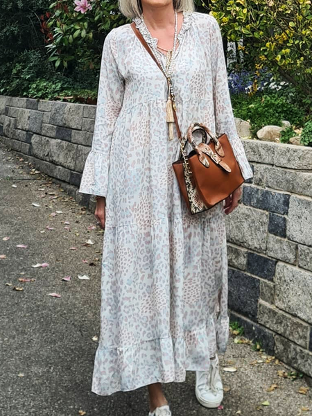 

Romantic Casual Leopard Print Loose Dress, Light blue, Maxi Dresses