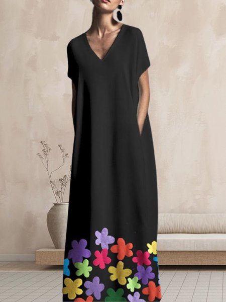 

V neck Loosen Vacation Floral Maxi Dresses, Black, Maxi Dresses