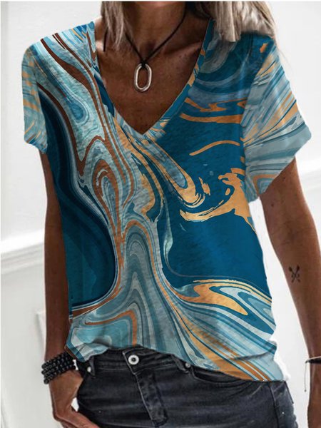 

Landscape Print Regular Fit V Neck Short Sleeve T-Shirt, Blue, T-Shirts