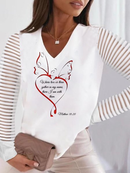

Butterfly Letter Casual Loosen Cotton Blends V Neck Long sleeve tops, White, Tops