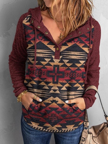 

Vacation Hooded Tribal Loosen Geometric Hoodie, Red, Sweatshirts & Hoodies