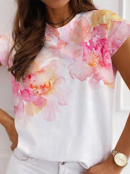 

Loosen Romantic Floral Cotton Blends Shirts & Tops, White, T-Shirts