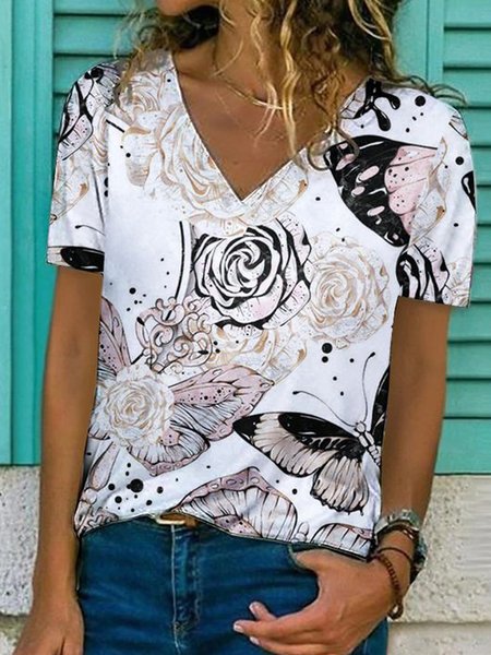

V Neck Butterfly Romantic Floral Loosen Cotton Blends Shirts & Tops, Flower, T-Shirts