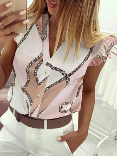

Printed V Neck Cap sleeve Casual Blouse, As picture, Blouses & Shirts
