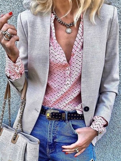 

Solid V Neck Loosen Outerwear, Gray, Jackets