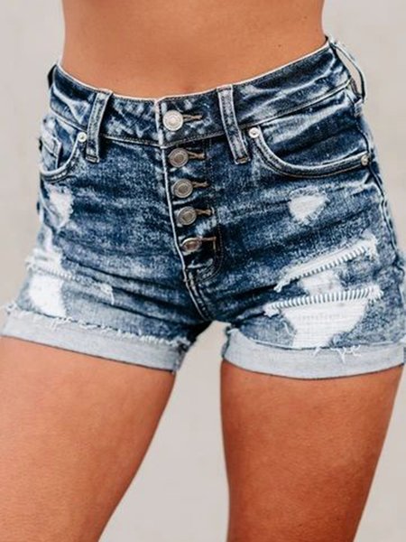 

Casual Buttoned Pockets Ripped Denim shorts, Blue, Shorts