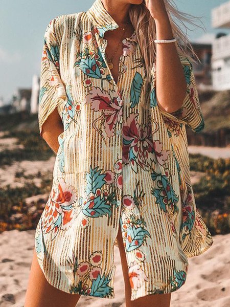 

Striped Floral Printed Vacation Loosen Shirt Collar Shirts & Tops, Flower, Blouses & Shirts