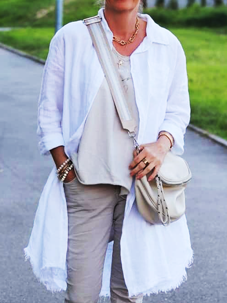 

Casual Long Sleeve Long Frayed Shirt Jacket, White, Outerwear