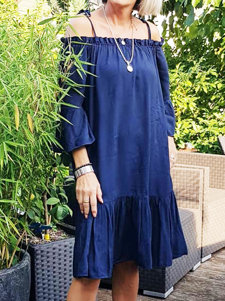 

Linen and cotton style sling neckline simple fashion dress, Dark blue, Mini Dresses