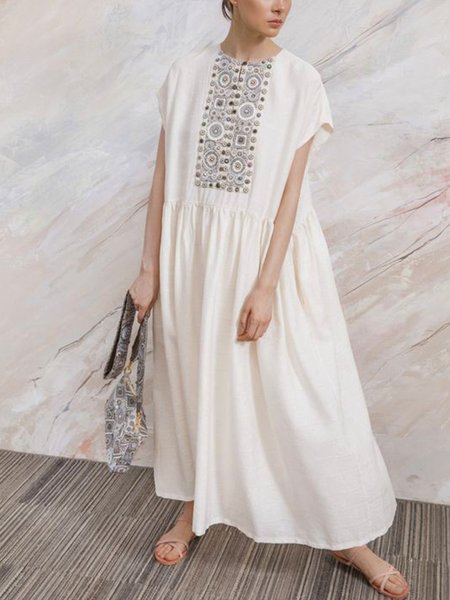 

Tribal Loosen Vacation Geometric Maxi Short sleeve Woven Dress, White, Boho dresses