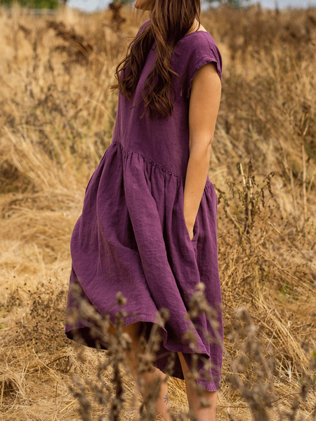 

Cotton Linen Pleated Puffy Casual Dress, Burgundy, Midi Dresses