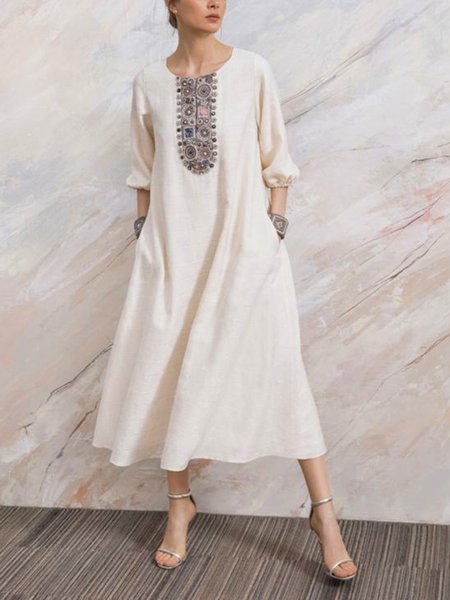 

Linen Loosen Tribal Lapel Vacation Long Short sleeve Woven Dress, White, Midi Dresses