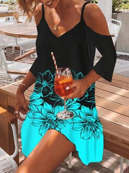 Floral Off The Shoulder Casual Three Quarter A-line Dress, Black, Mini Dresses