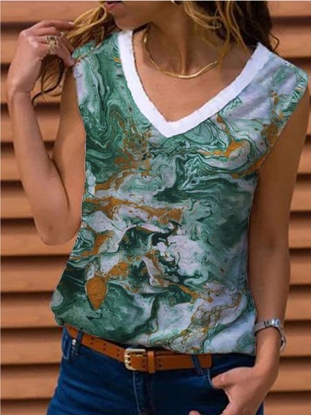 V Neck Abstract Short Sleeve T-Shirt, Green, T-Shirts