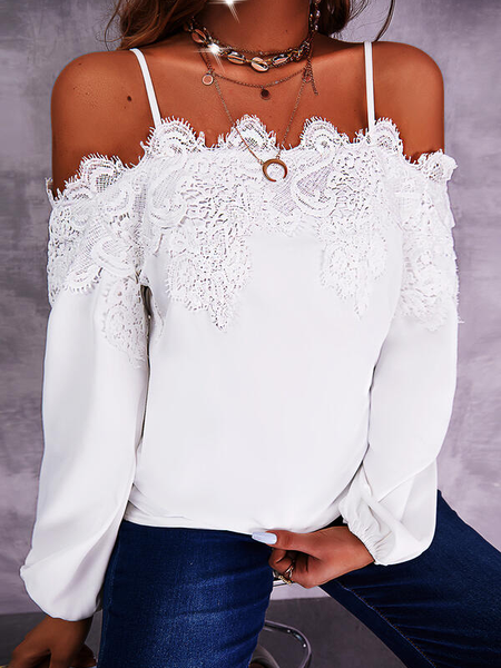 

Spaghetti Long sleeve Plain Casual Long sleeve tops, White, Tops