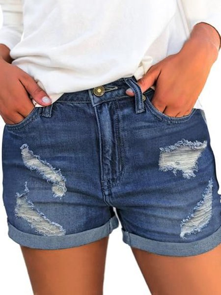 

Plain Ripped Buttoned Pockets Denim shorts, Blue, Shorts