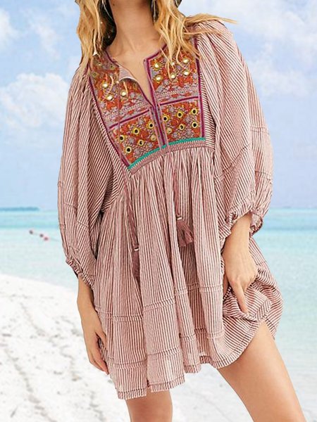 

Boho Embroidered Fringed Loose V-Neck Striped Dress, Pink, Mini Dresses