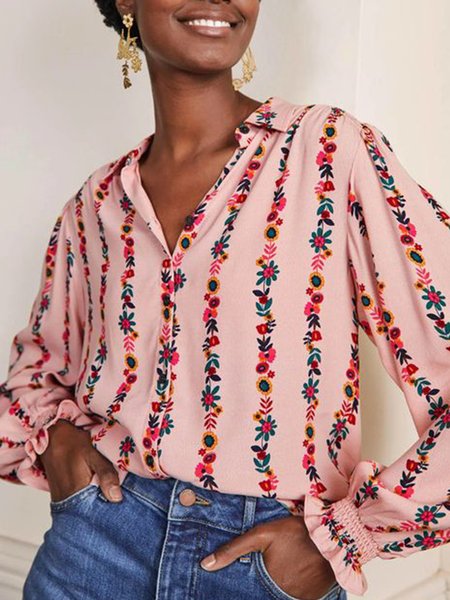 floral Striped loosen Vacation long sleeve Long Sleeve Blouse, Pink, Shirts & Blouses