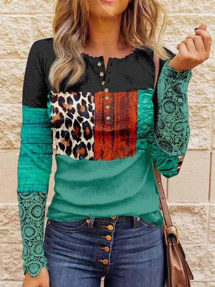 

Casual Round Neck Leopard Skinny Long sleeve tops, Green, Long sleeve tops
