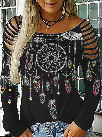

Casual Round Neck Feather Long sleeve tops, Black, Long sleeve tops