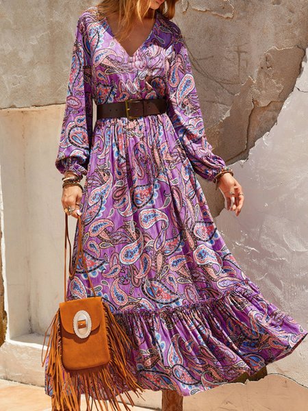 

Floral Paisley Boho Loosen V Neck Long sleeve Woven Dress, Flower, Maxi Dresses