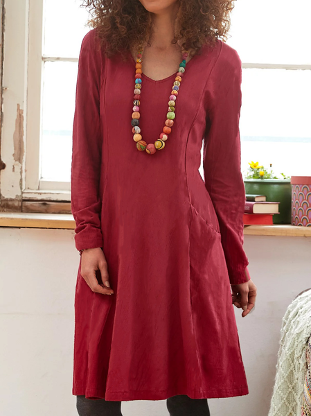 

Cotton Blends Casual Crew Neck Long sleeve Woven Dress, Brick red, Mini Dresses
