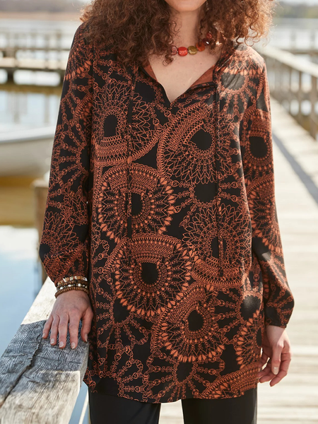 

Paisley V Neck Loosen Long sleeve tops, Black, Tops