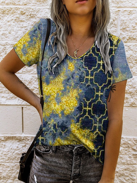 

Geometric Casual Loosen Short Sleeve T-shirt, Blue, T-Shirts