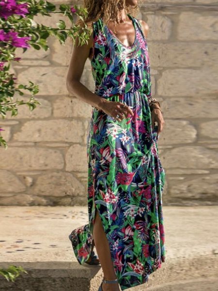 

Tropical Vacation Floral Loosen V Neck Cotton Blends Dresses, Flower, Maxi Dresses
