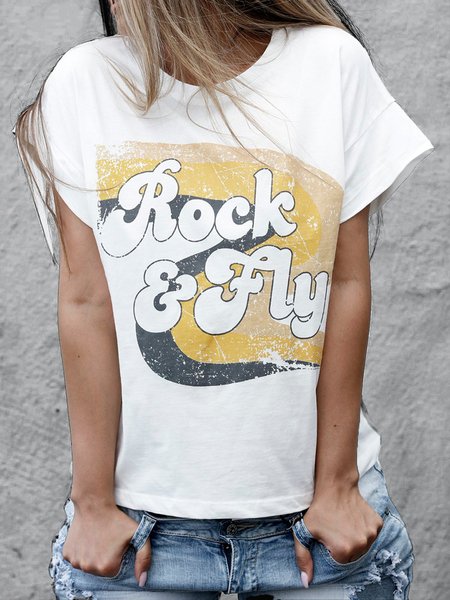 

Letter Cotton Blends Casual Short Sleeve T-shirt, White, T-Shirts