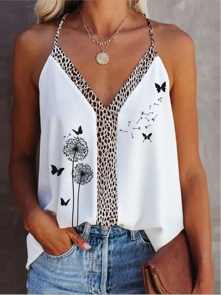 

V neck Casual Butterfly Short sleeve tops, White, Tank Tops & Camis