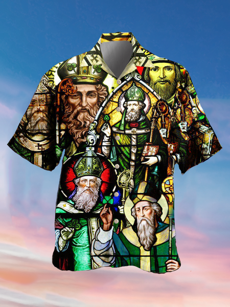

Holiday Casual Festive Elements St. Patrick's Day Pattern Hawaiian Print Shirt Top, As picture, Men's Floral shirt