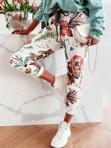 

Floral Vacation Draw string Ninth Pants, White, Pants