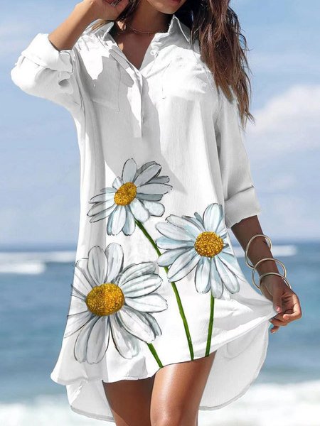 

Floral Shirt Collar Loosen Long sleeve Woven Dress, White, Floral Dresses