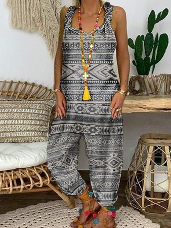 

Ethnic Crew Neck Cami Jumpsuit & Romper, Gray, Jumpsuits＆Rompers
