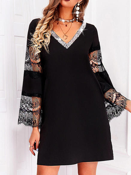 

Lace Elegant Long sleeve Knit Dress, Black, Casual Dresses