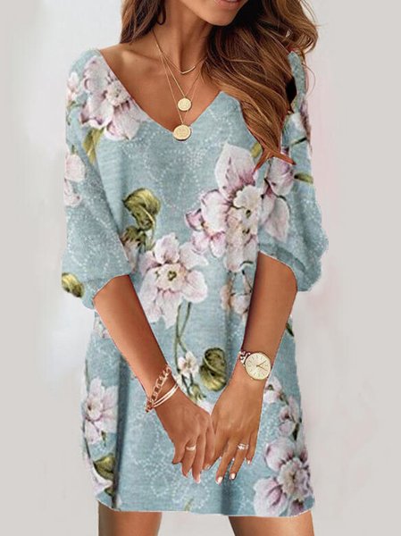 Floral Cotton Blends V Neck Long sleeve Woven Dress, Blue, Mini Dresses