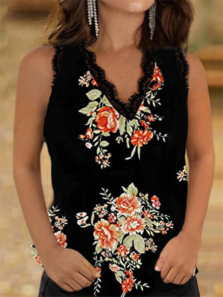 

Floral Sleeveless V neck Casual Knit Tank, Black, Tank Top