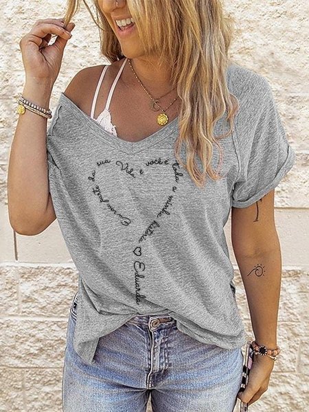 

V neck Cotton Blends Casual Short Sleeve T-shirt, Gray, T-Shirts