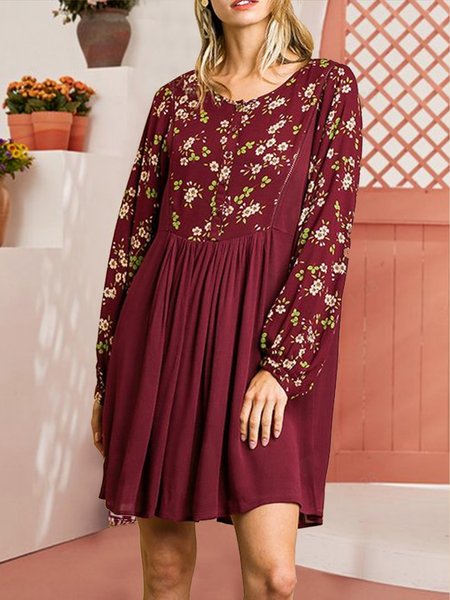 

Floral Vacation Crew Neck Long sleeve Woven Dress, Wine red, Floral Dresses
